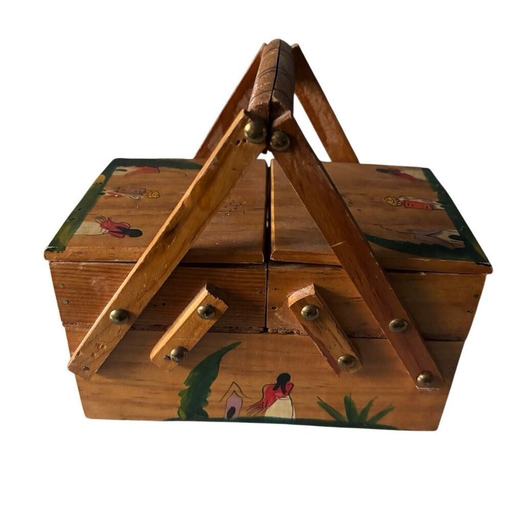 Hand-Painted Wooden Sewing Basket - Natural Wood